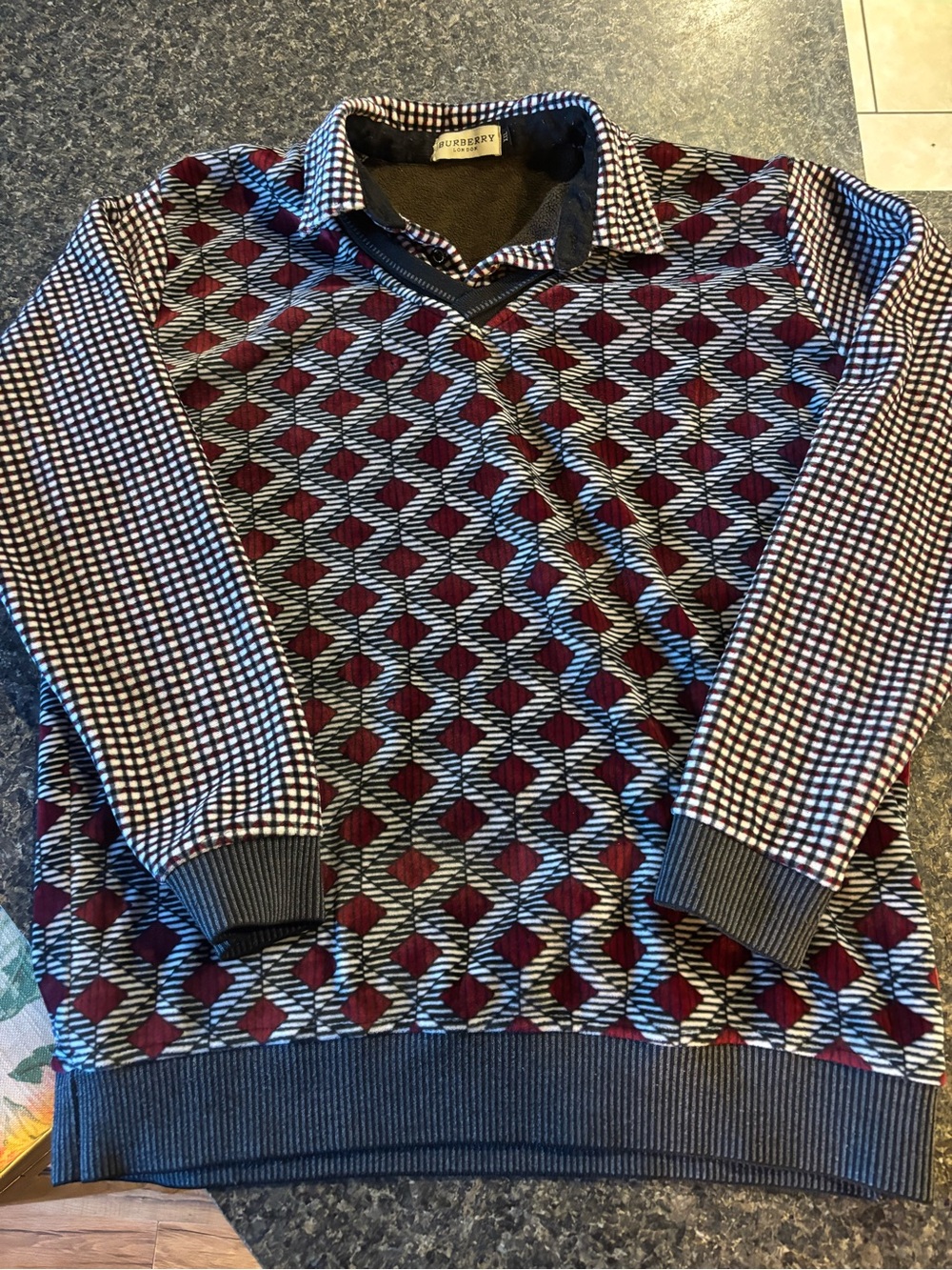 Burberry Burgundy and Gray Patterned V-Neck Sweater (Read Description)